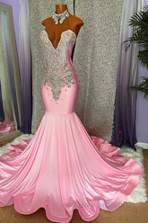 Chic High-neck Sleeveless Mermaid Semi Formal Prom Dresses With Beading